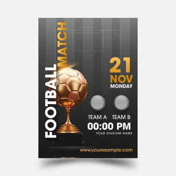 Football Competition Flyer or Poster Template with Realistic Golden Football Cup, and Match Day Details. vector