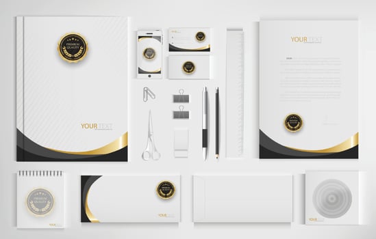 Office equipment kits include notebooks, business cards, pencils, pens, erasers, rulers, scissors. vector