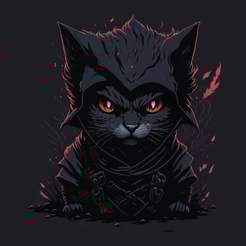 ninja cat illustration face evil  for t-shirt design style red color with element dark magic splash dark pastel colors fantasy art vibes digital painting vector