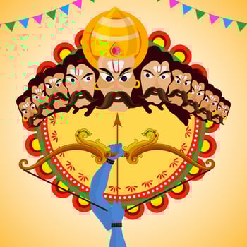 Dussehra Celebration Background With Lord Rama Targeting To Demon Ravana Illustration. vector