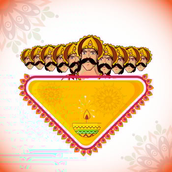 Hindu Mythological Demon Ravana Ten Head With Lit Oil Lamp, Triangle Frame On Glossy White And Red Background For Dussehra Concept. vector