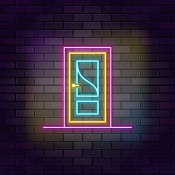 Exterior, door, home neon icon brick wall and dark background. vector