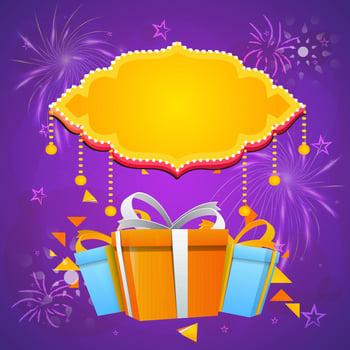 Empty Vintage Frame With Gift Boxes, Stars Against Purple Fireworks Background. vector