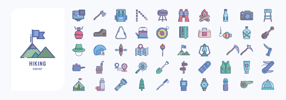 Hiking and trekking, including icons like Action Camera, Backpack, Bbq, Binoculars and more vector