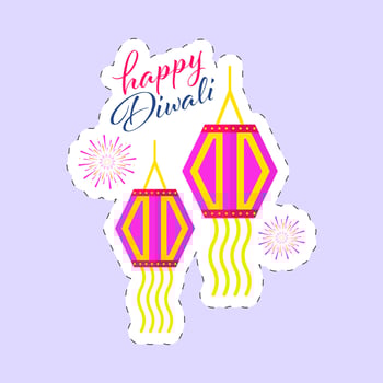 Sticker Style Happy Diwali Font With Traditional Lanterns Hang And Fireworks On Pastel Violet Background. vector