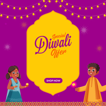 Diwali Sale Poster Design With Indian Kids Holding Sparkling Sticks, Lighting Garland On Yellow And Magenta Background. vector