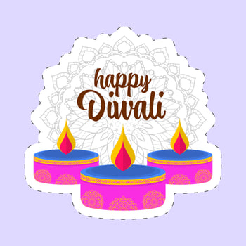 Happy Diwali Font With Lit Tealight Candles And Mandala Pattern In Sticky On Violet Background. vector