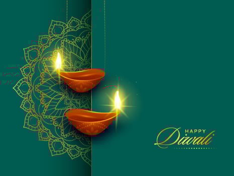 Indian Light Festival, Happy Diwali concept with Illumindate Realistic Traditional Oil Lit Lamps on Golden Mandala Background. vector