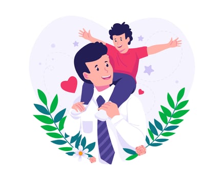 Happy Father's Day. Dad carrying his son on his shoulders. A boy sitting on Dad's shoulders. Father and son. Vector illustration