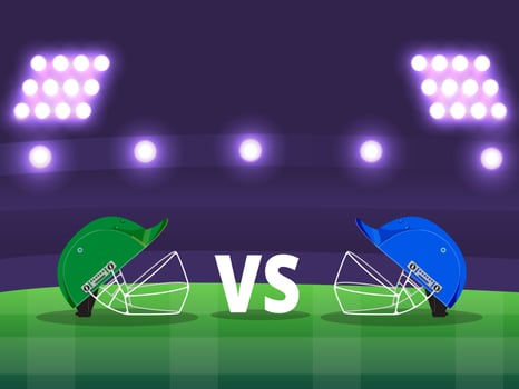 Participating Countries Team Helmets Of Pakistan VS India On Purple And Green Stadium View Background. vector
