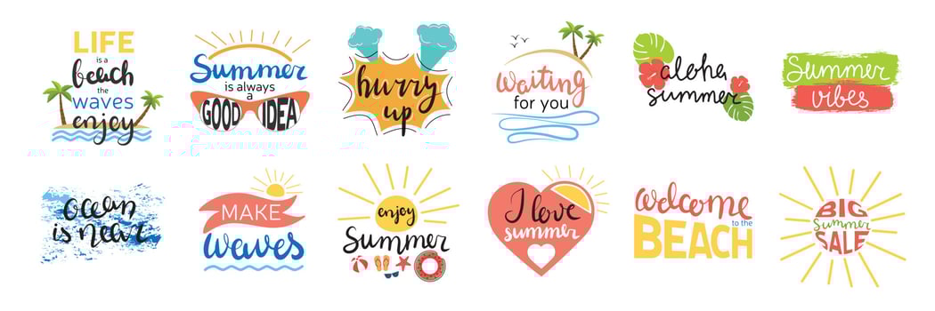 Big collection of hand drawn calligraphy lettering summer words. Summer labels, logos, hand drawn tags and elements set for summer holiday, travel, beach vacation, sun. vector