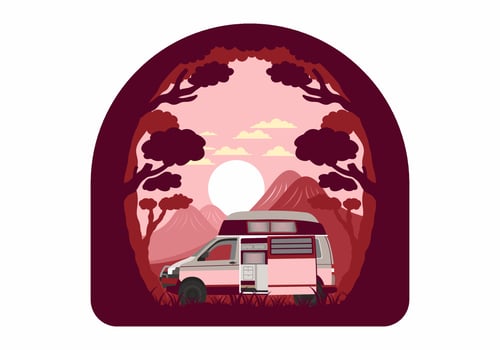 Colorful illustration badge of campervan in nature vector