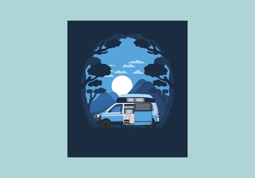 Colorful illustration badge of campervan in nature vector
