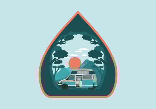 Colorful illustration badge of campervan in nature vector