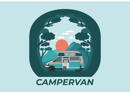 Colorful illustration badge of campervan in nature vector
