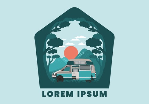 Colorful illustration badge of campervan in nature vector