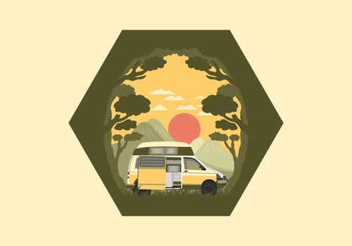 Colorful illustration badge of campervan in nature vector