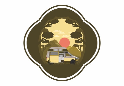 Colorful illustration badge of campervan in nature vector