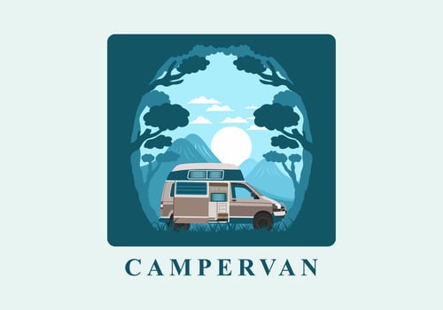 Colorful illustration badge of campervan in nature vector