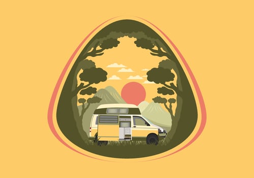 Colorful illustration badge of campervan in nature vector