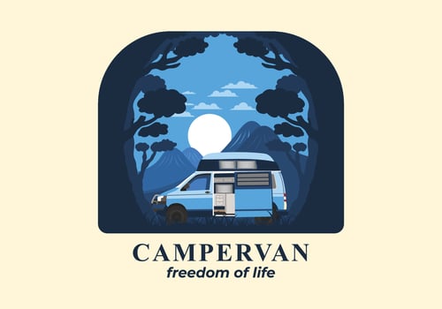 Colorful illustration badge of campervan in nature vector