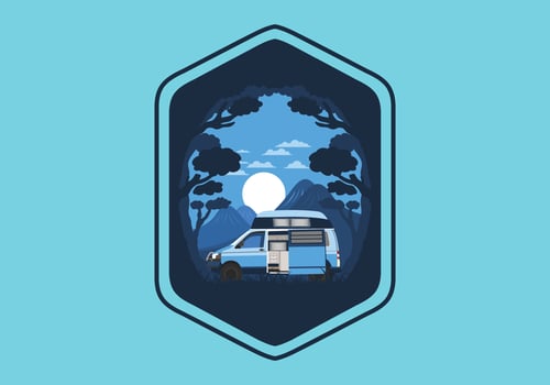 Colorful illustration badge of campervan in nature vector