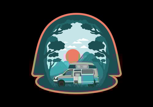 Colorful illustration badge of campervan in nature vector