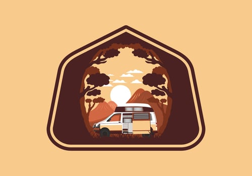 Colorful illustration badge of campervan in nature vector