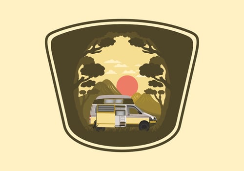 Colorful illustration badge of campervan in nature vector