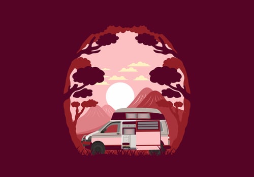 Colorful illustration badge of campervan in nature vector