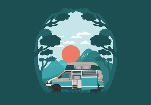 Colorful illustration badge of campervan in nature vector