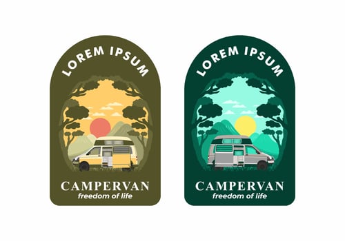 Colorful illustration badge of campervan in nature vector