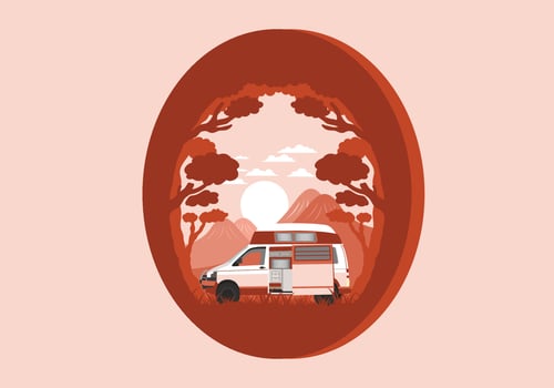 Colorful illustration badge of campervan in nature vector