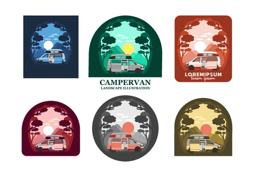 Colorful illustration badge of campervan in nature vector