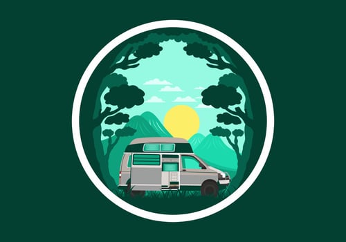 Colorful illustration badge of campervan in nature vector