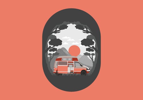 Colorful illustration badge of campervan in nature vector