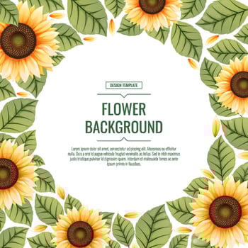 Square background with sunflowers. Floral frame with yellow flowers and green leaves. Banner, poster, flyer, postcard. Summer illustration. vector