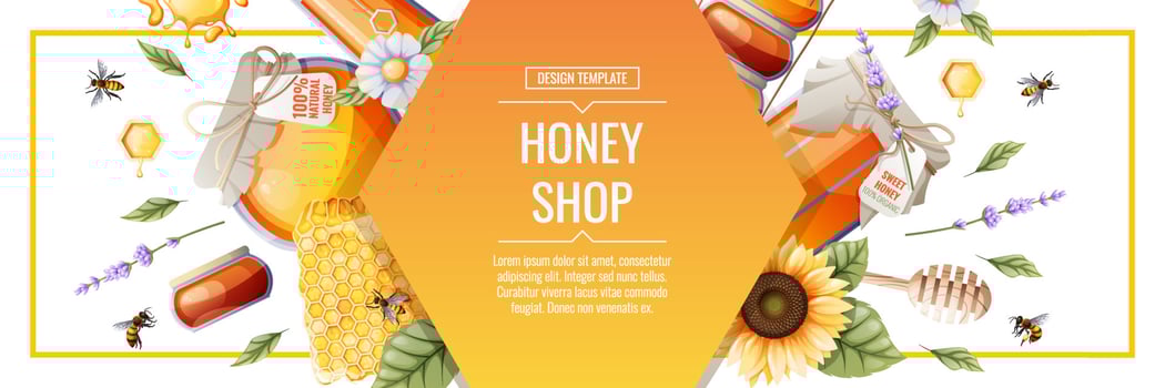 Banner template with honey products. Honey shop.Illustration of a jar of honey, honeycombs, bees, flowers. Design for label, flyer, poster, advertising. vector