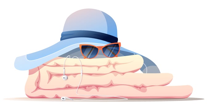 Beach hat, bedspread, sunglasses, headphones. Summer illustration with beach accessories. vector