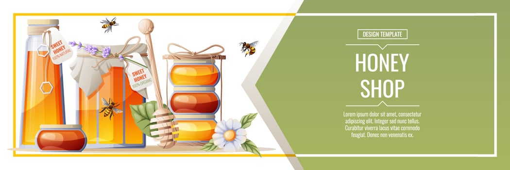 Banner template with honey products. Honey shop.Illustration of a jar of honey, honeycombs, bees, flowers. Design for label, flyer, poster, advertising. vector