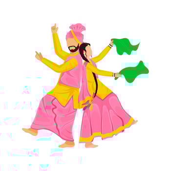 Young Punjabi Couple Doing Bhangra Dance On White Background. vector