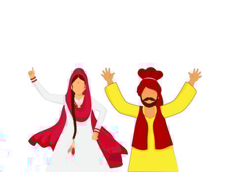 Cartoon Punjabi Couple Doing Bhangra On White Background. vector