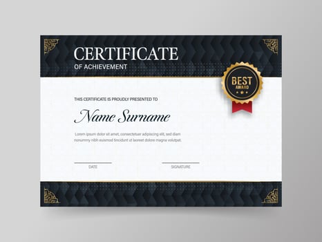 Best Award Certificate Of Achievement Template In Black And White Color. vector