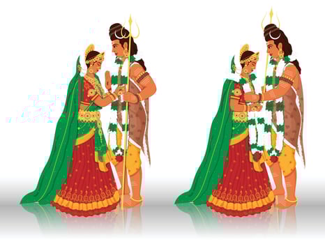 Character Of Lord Shiva And Goddess Parvati During Marriage In Two Images Against White Background. vector