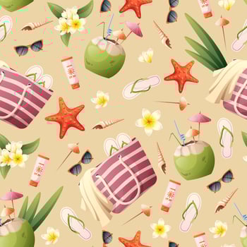 Seamless pattern with beach bag, coconut cocktail, seashells, glasses on a burgundy background. beach summer texture for wallpaper, fabric, paper vector