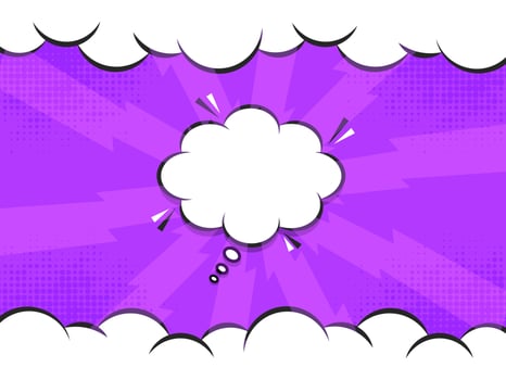 Purple Lightning Bolts Rays Background With Halftone Effect, Clouds And Copy Space. vector