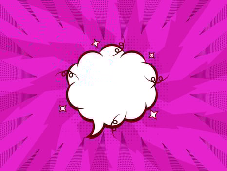Blank Cloud Bubble With Stars And Dotted On Magenta Lightning Bolts Rays Background. vector