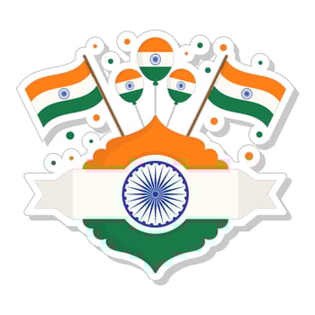 Illustration Of Indian Flag With Balloons And Floral Frame In Sticker Style. vector