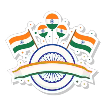 Blank Ribbon With Ashoka Chakra, Balloons And Flags In Sticker Style. vector