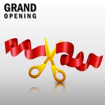 Grand opening with red ribbon and gold scissors, Vector Illustration
